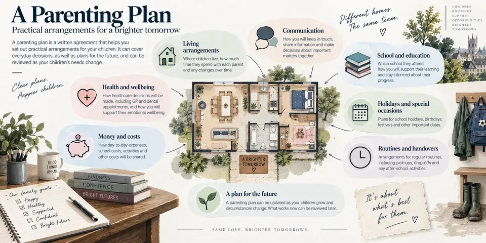 Parenting plan living arrangements and summer holiday schedule infographic from Alderton Family Mediation